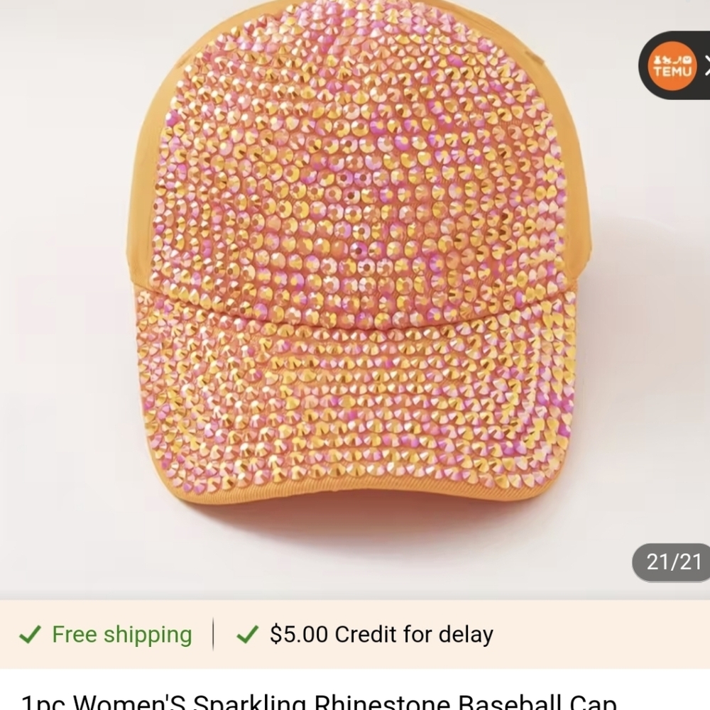 Sparkling Rhinestone Baseball Cap - Orange and Pink